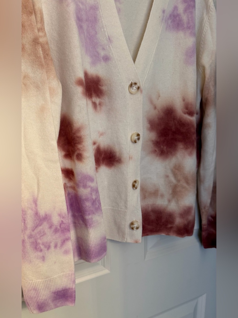 Lilla P Wool Cashmere Tie Dye Cardigan, Ivory/Rust/Purple, Size M - Picture 7 of 12